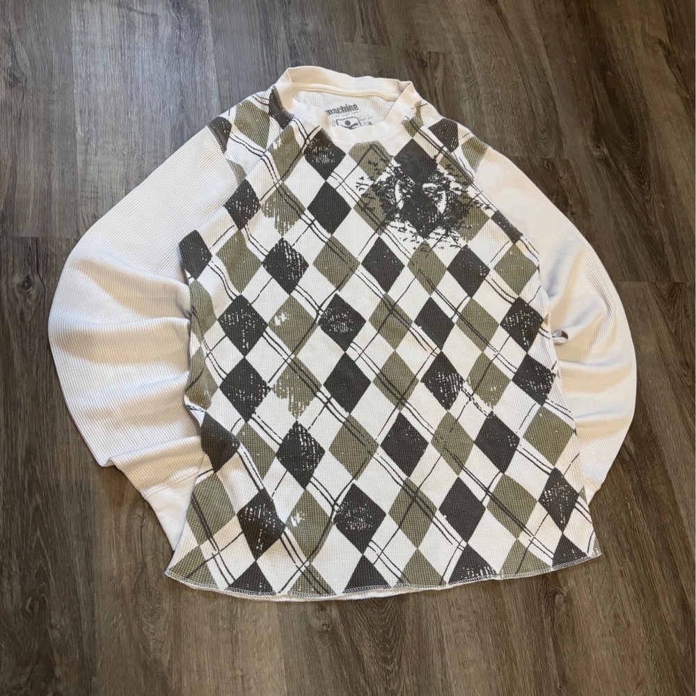 Y2K Machine Thermal Long Sleeve Shirt Affliction Style Thermal Argyle Print